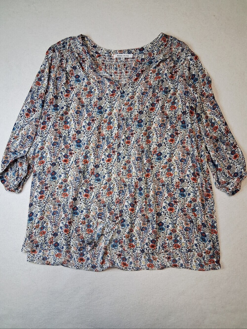 Rose & Olive Cream Floral V-Neck Blouse with Blue & Rust Flowers